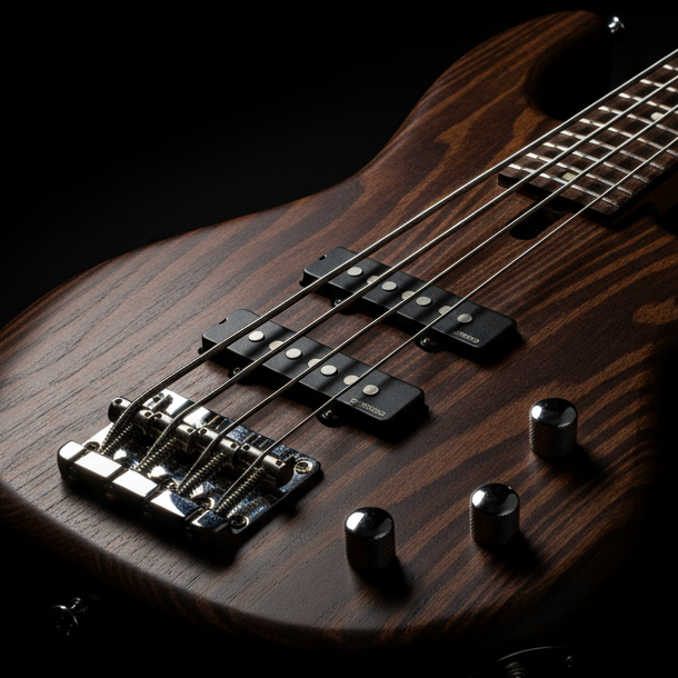 1:1 image of a Bass Guitar deep shadows and black background, hyper realistic