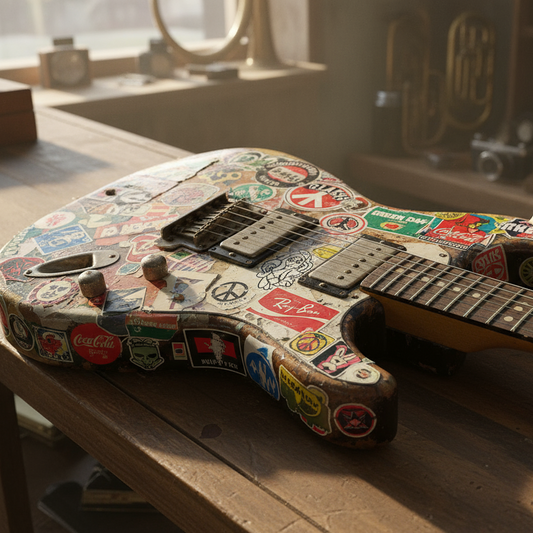 pawnshop guitar covered in stickers